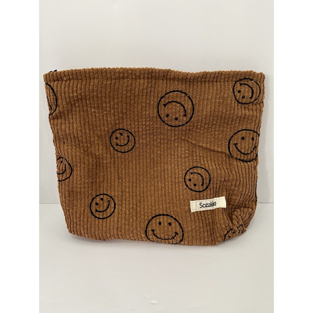 Sozakka Brown Corduroy Smiley Face Makeup Bag Cosmetic Pouch - A193